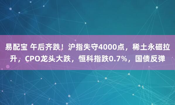 易配宝 午后齐跌！沪指失守4000点，稀土永磁拉升，CPO龙头大跌，恒科指跌0.7%，国债反弹